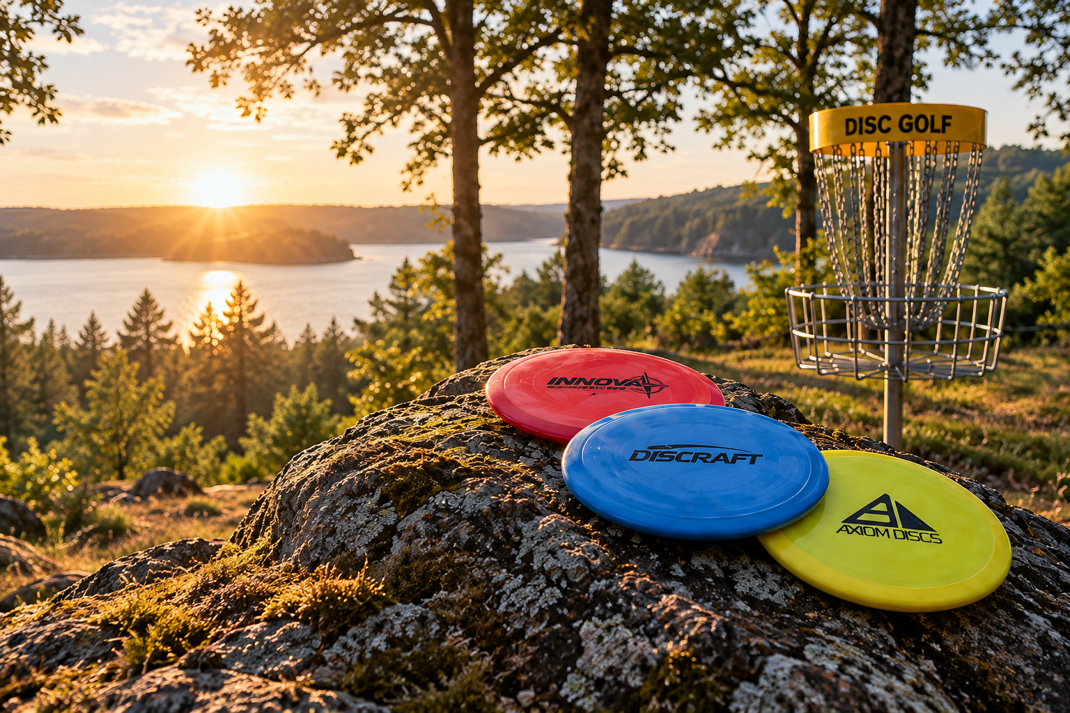 Red, blue and green discs beside a disc golf basket overlooking a lake at sunset