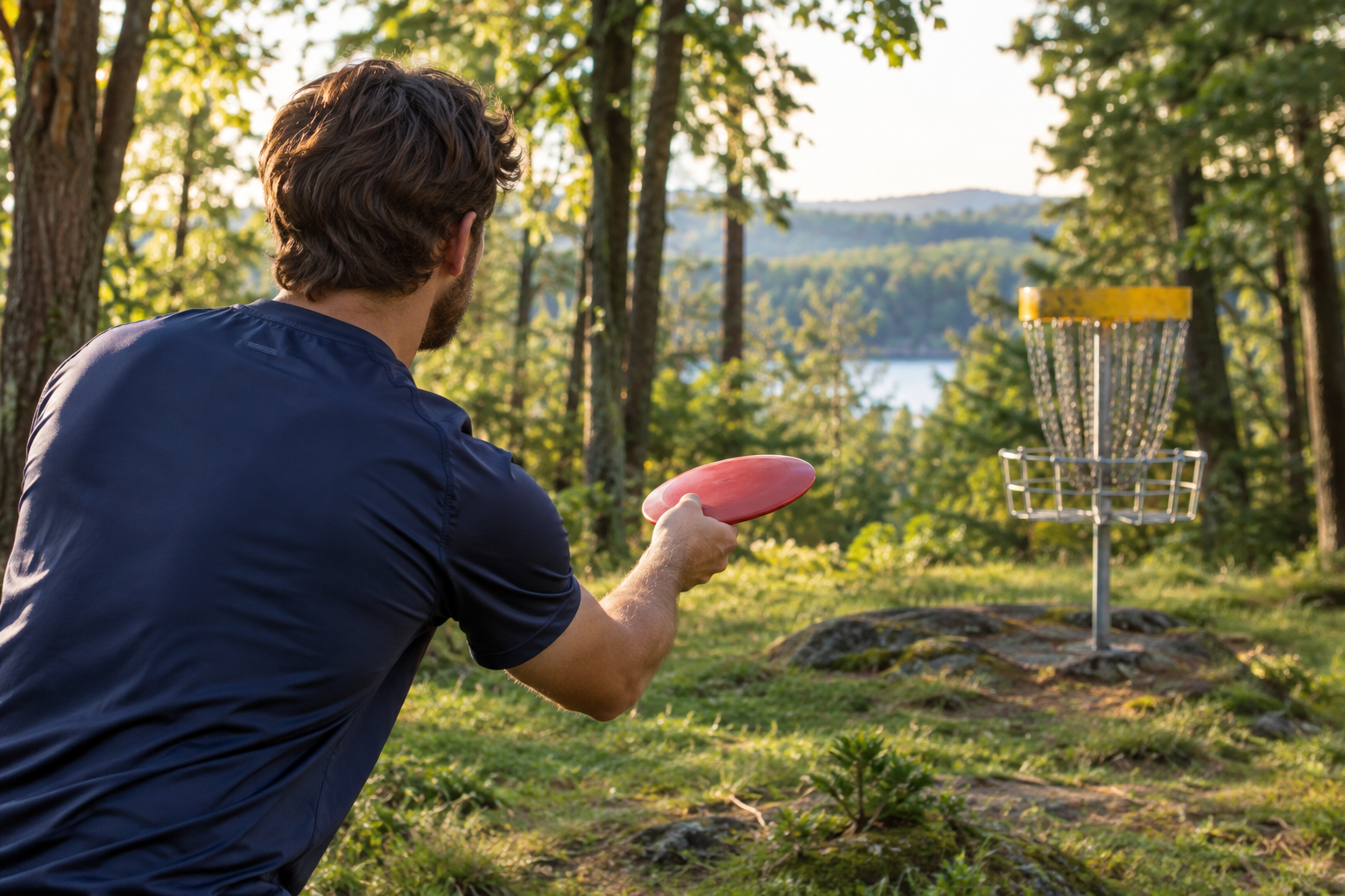 A disc golfer lining up a putt on a wooded course